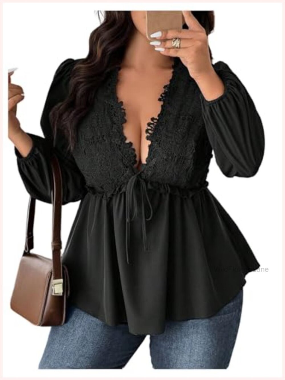 Plus Size Lace Deep V Neck Peplum Ruffle Hem Blouse Top